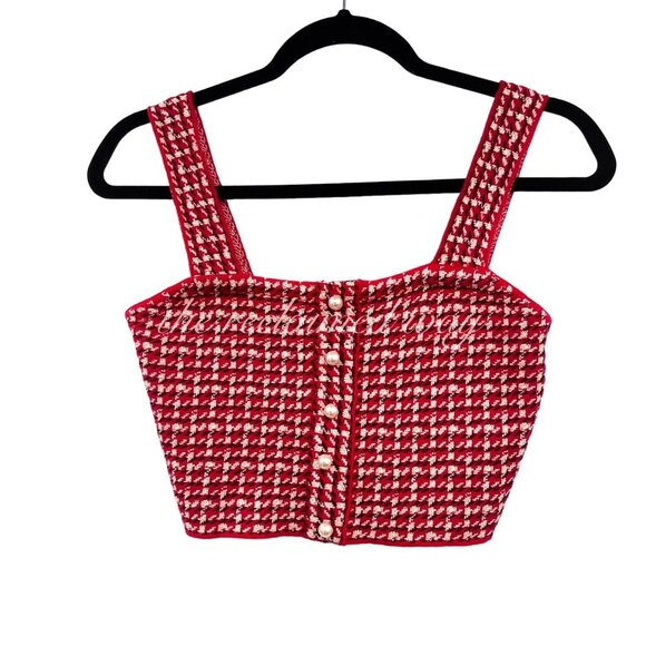 Sandro Tweed Matching Set Two Piece Daniella Crop Top Blandine Skirt Red Pearls - Picture 5 of 15